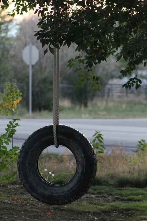 A tyre swing beside a road, illustrating the long life of tyre material