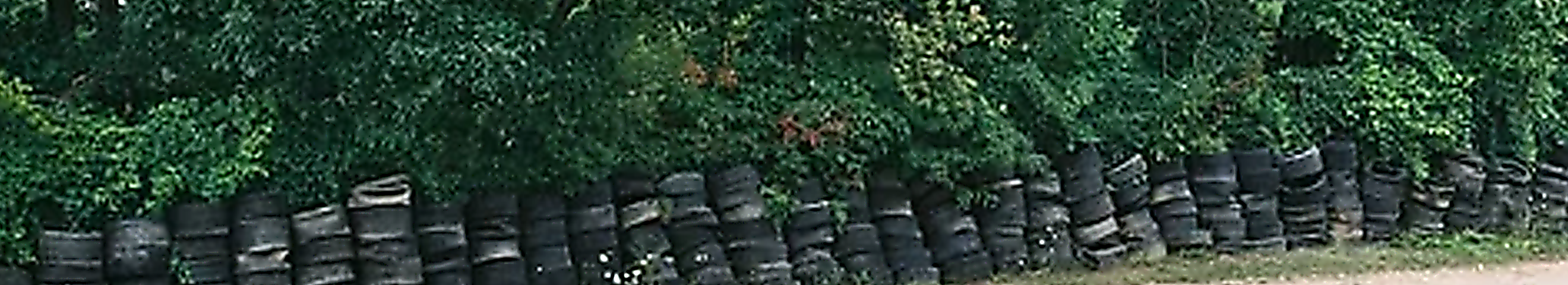 End-of-life tyres stored alongside a wooded roadside